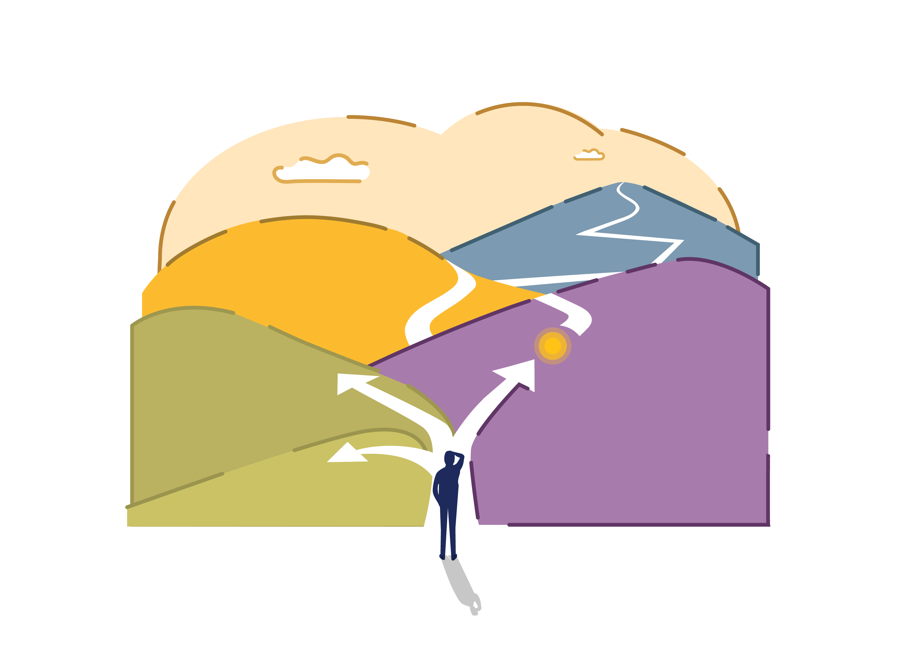 A hiker pausing where the trail splits in several directions, unsure which way to take