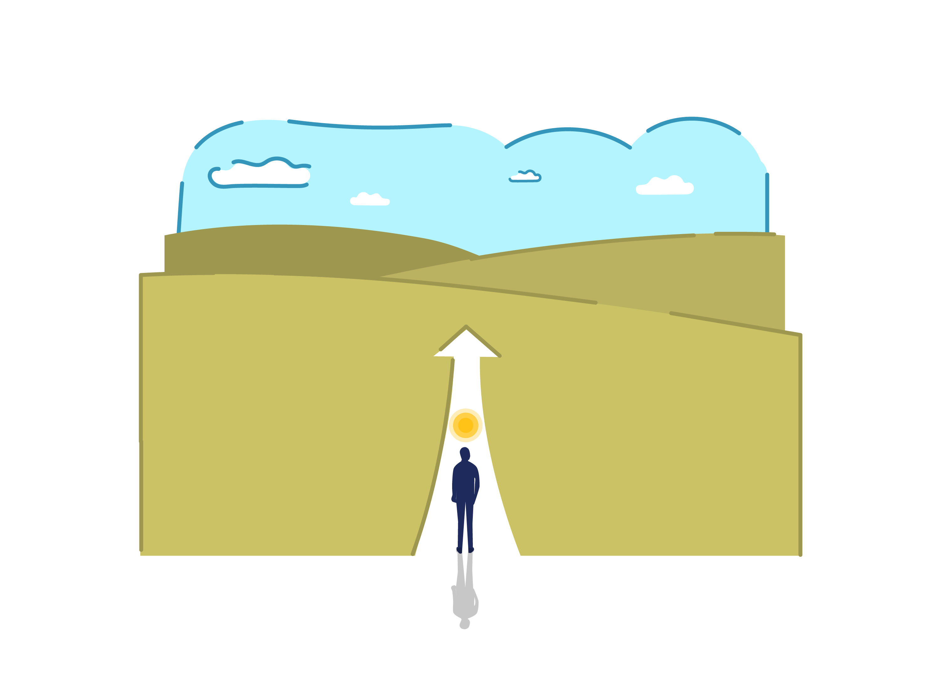 A hiker on a straight trail rising steadily toward the horizon