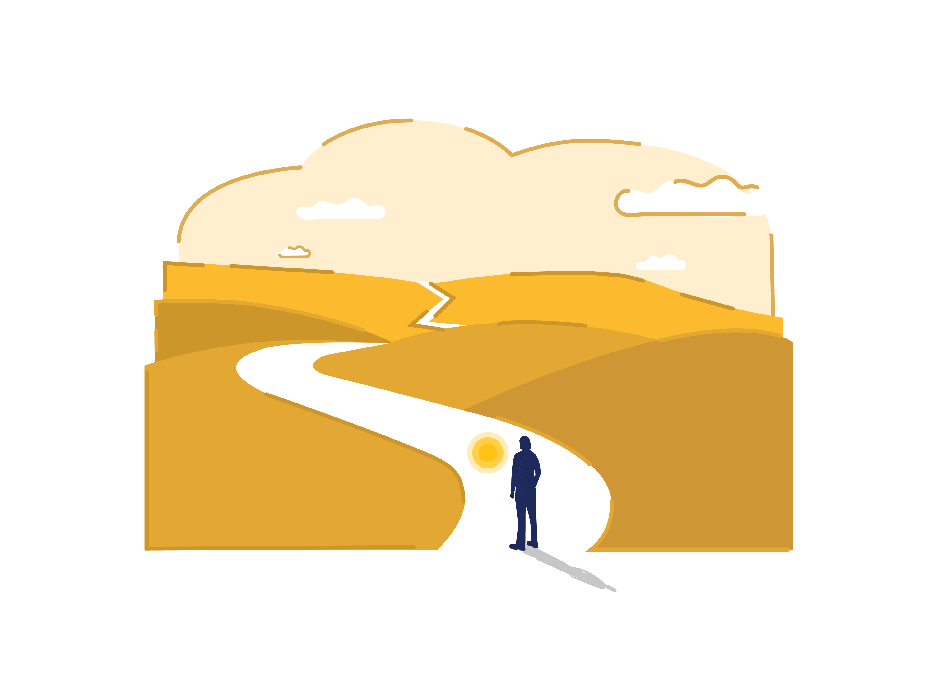 A hiker on a winding path curving away through open, sunlit hills